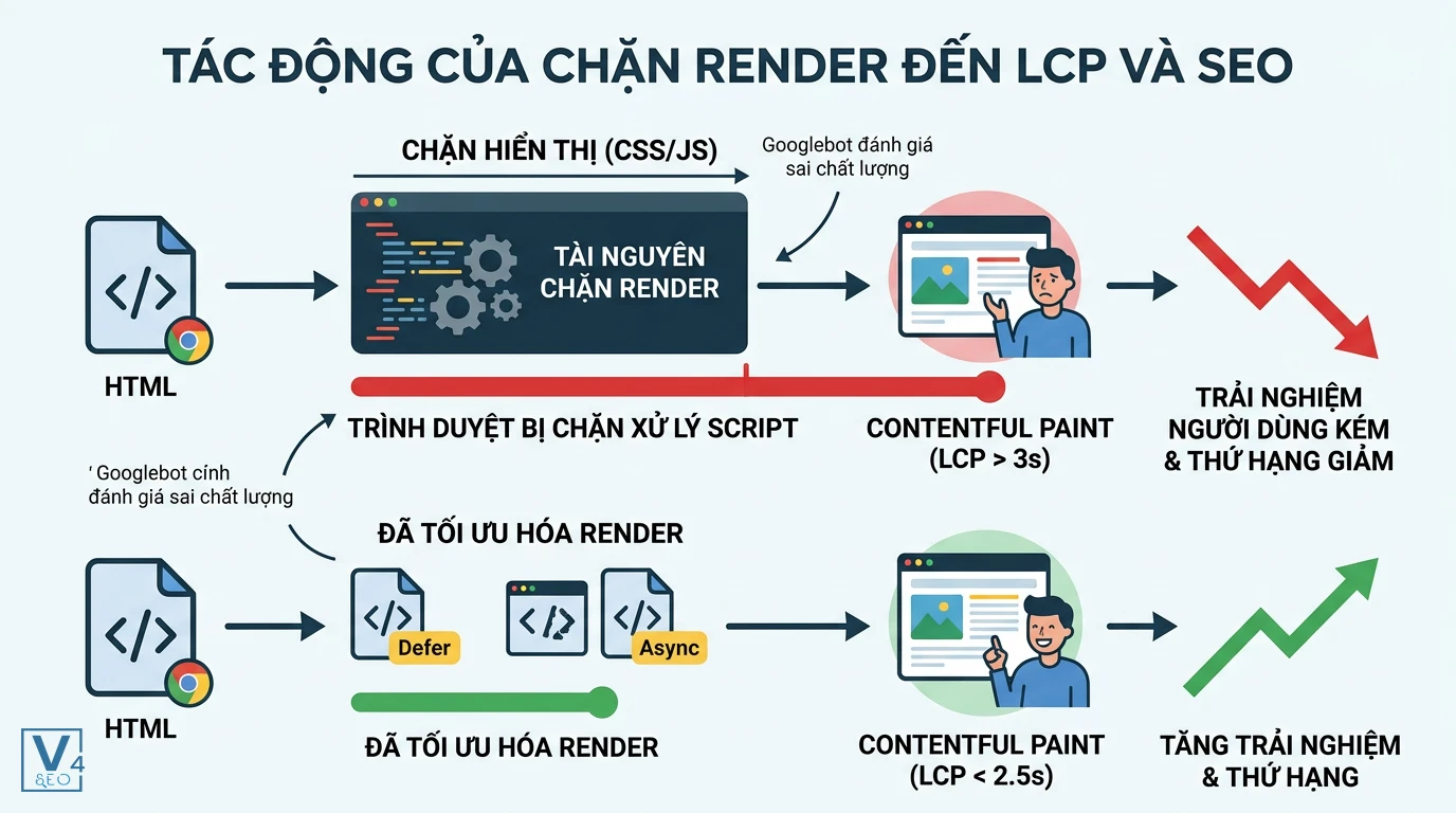 tac-dong-chan-render-den-lcp-va-seo So sánh tác động của chặn render và tối ưu hóa render (sử dụng Defer/Async) đến chỉ số LCP, trải nghiệm người dùng và thứ hạng SEO
