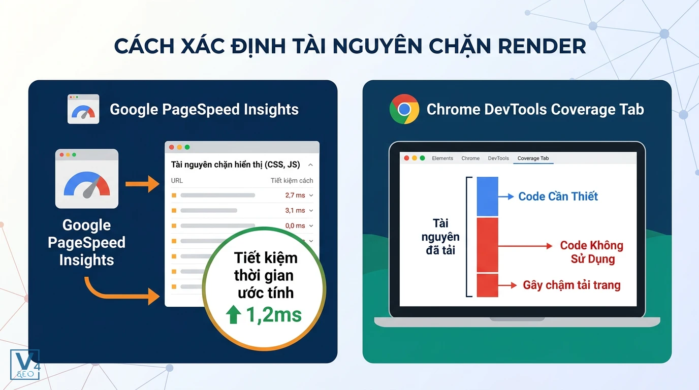 cong-cu-kiem-tra-tai-nguyen-chan-render Quy trình xác định tài nguyên chặn render bằng Google PageSpeed Insights và tab Coverage trong Chrome DevTools.