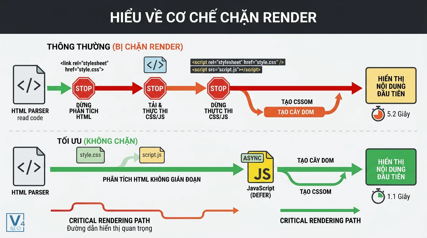 co-che-chan-render-va-toi-uu Sơ đồ so sánh cơ chế chặn render thông thường và quy trình tối ưu hóa giúp tải trang nhanh hơn.