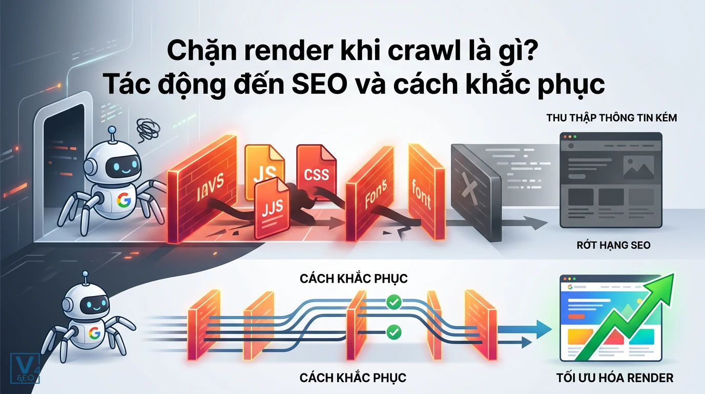 Mô phỏng tác động của chặn render khi crawl đến SEO và giải pháp tối ưu hóa giúp Googlebot lập chỉ mục website dễ dàng.