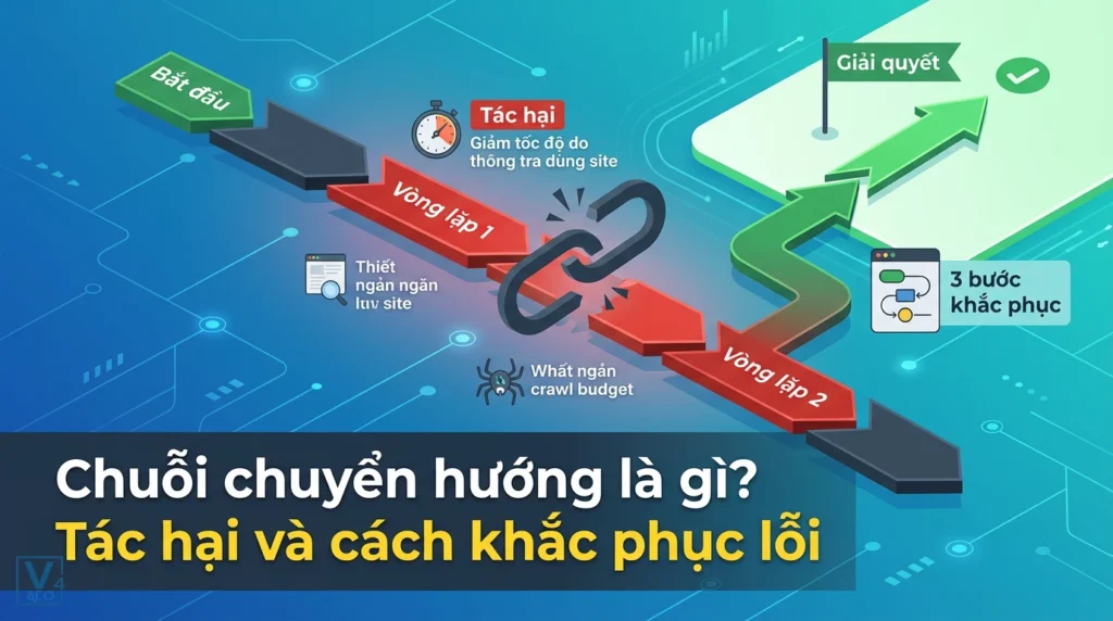 Sơ đồ minh họa chuỗi chuyển hướng gây hại cho website và quy trình khắc phục lỗi redirect chain.
