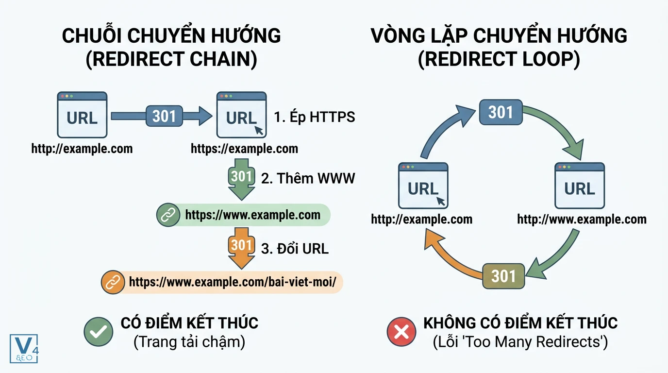 so-sanh-chuoi-chuyen-huong-va-vong-lap-redirect Sơ đồ so sánh chuỗi chuyển hướng có điểm kết thúc với vòng lặp chuyển hướng vô hạn gây lỗi tải trang.