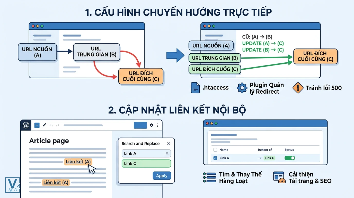 phuong-phap-khac-phuc-chuoi-chuyen-huong Sơ đồ hướng dẫn cấu hình chuyển hướng trực tiếp và cập nhật liên kết nội bộ để khắc phục lỗi chuỗi chuyển hướng.