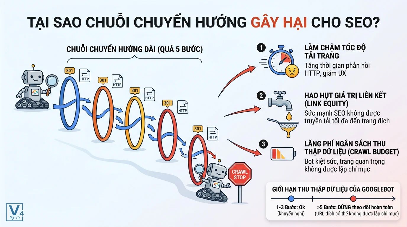 tac-hai-cua-chuoi-chuyen-huong-seo Tác hại của chuỗi chuyển hướng là gì đối với SEO qua việc làm chậm trang, mất link equity và lãng phí crawl budget.