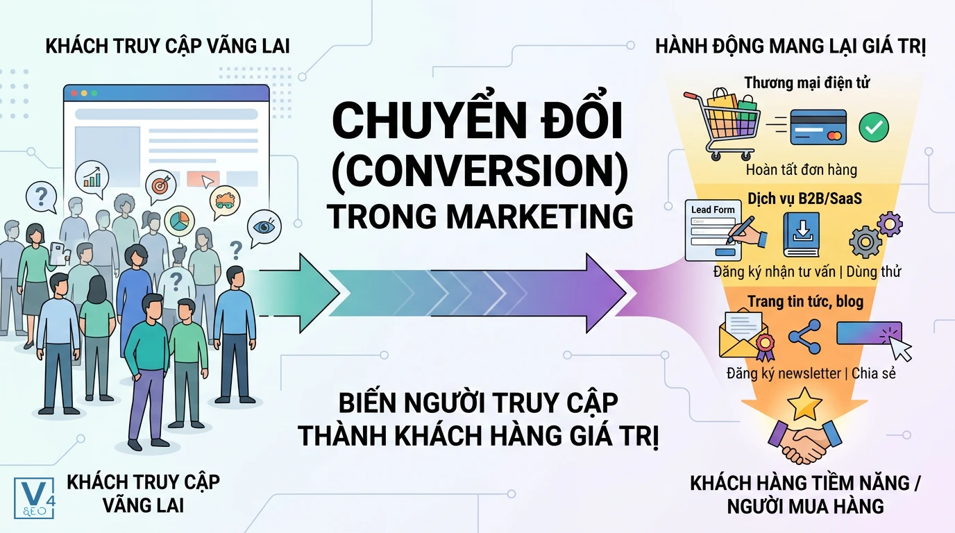 khai-niem-chuyen-doi-marketing Sơ đồ giải thích chuyển đổi là gì trong marketing qua việc biến khách truy cập vãng lai thành khách hàng giá trị.