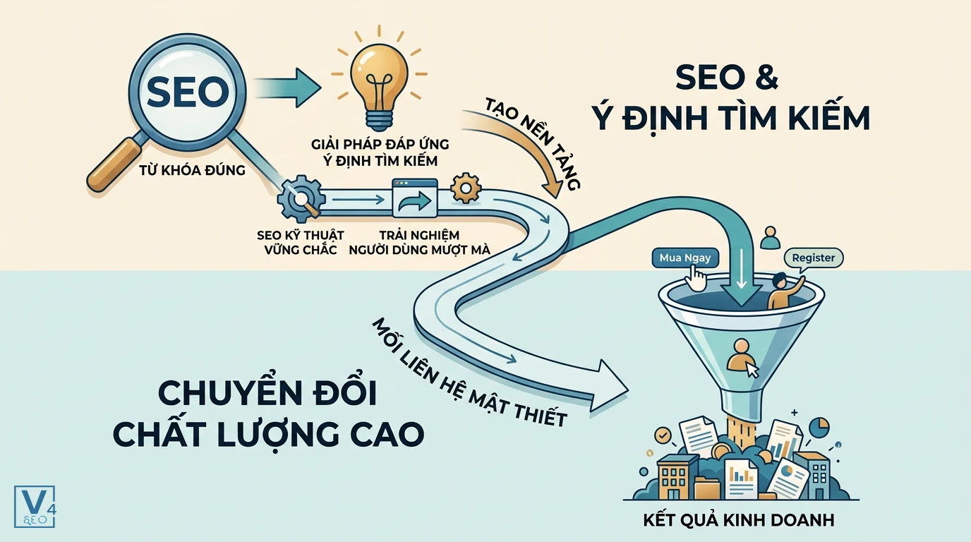 moi-lien-he-seo-va-chuyen-doi Sơ đồ mô tả mối quan hệ giữa SEO kỹ thuật, ý định tìm kiếm và quá trình tạo ra chuyển đổi chất lượng cao.