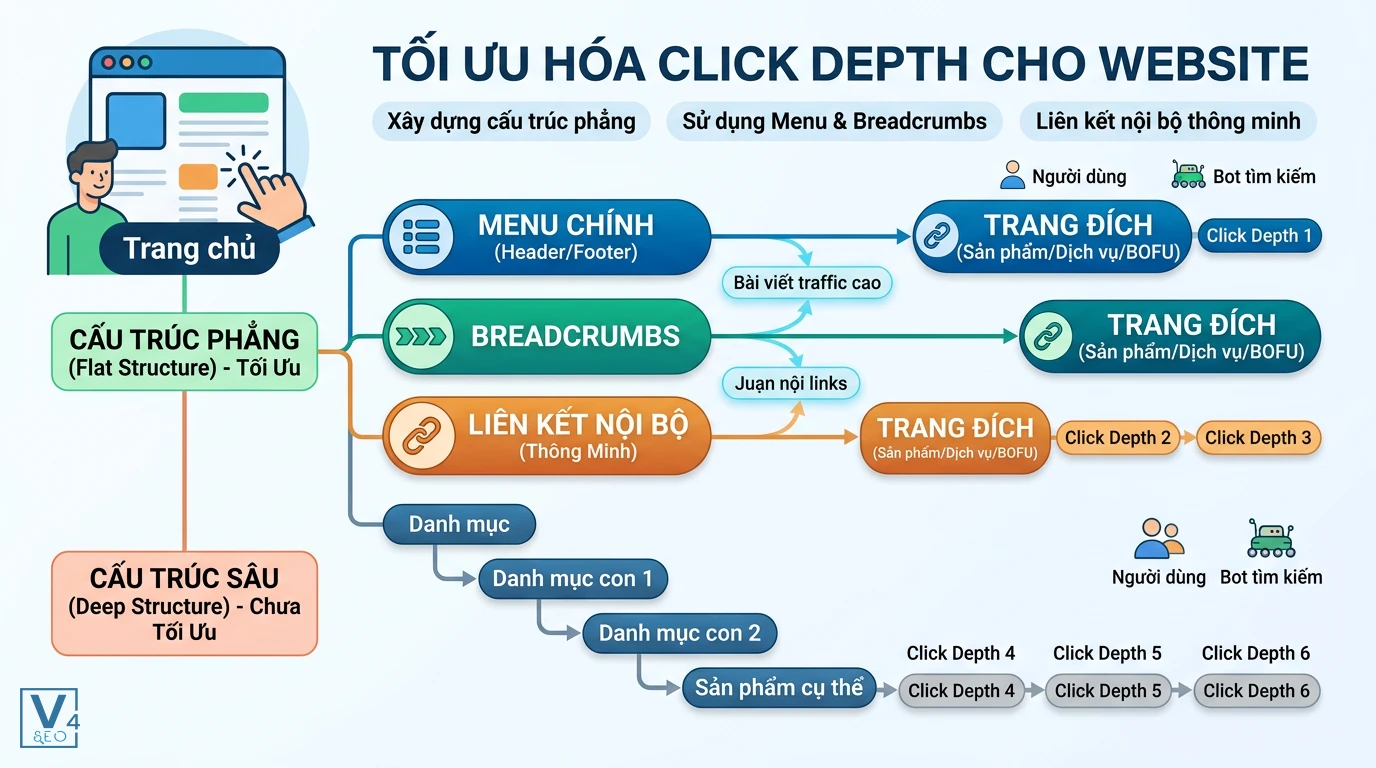 so-do-toi-uu-click-depth-website Sơ đồ so sánh cấu trúc phẳng tối ưu click depth với cấu trúc sâu chưa tối ưu qua menu, breadcrumbs và liên kết nội bộ.