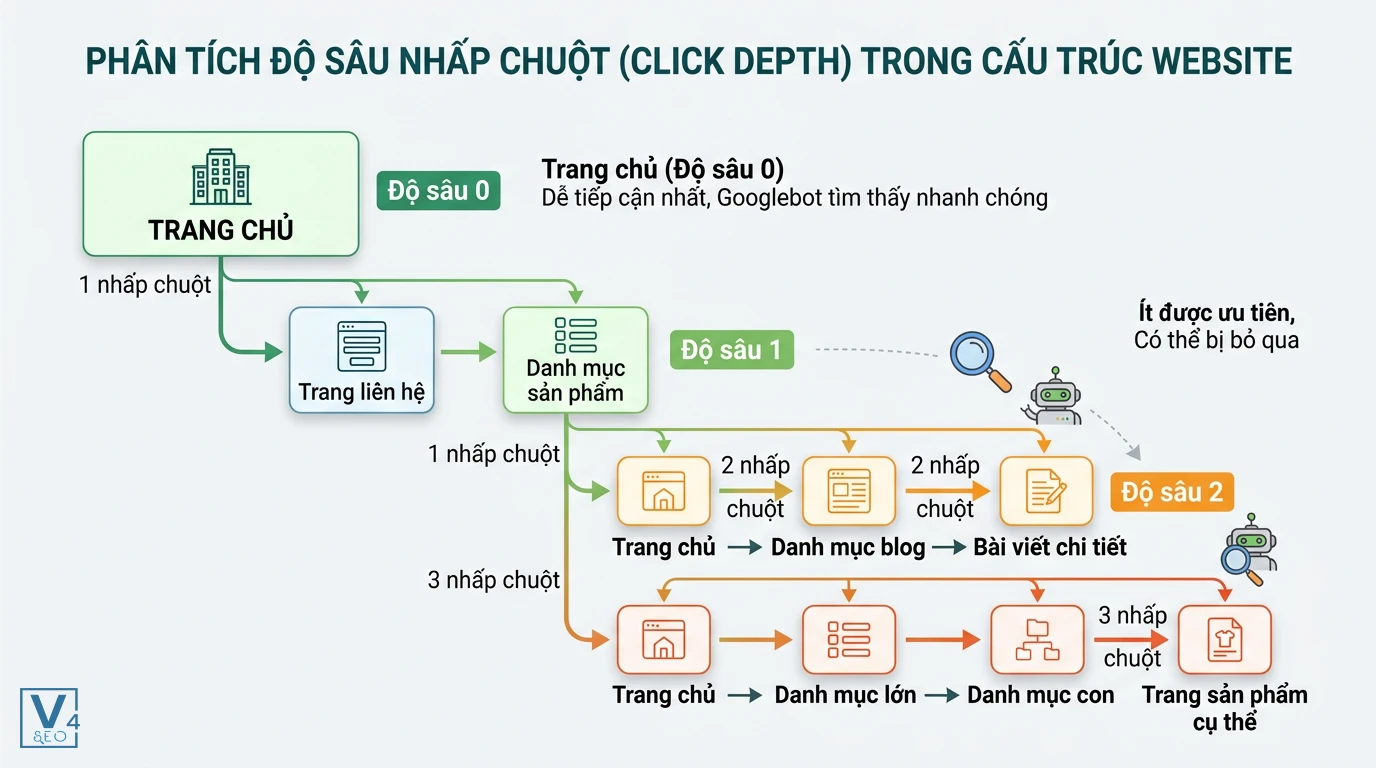 so-do-phan-tich-click-depth-website Sơ đồ phân tích click depth là gì qua các cấp độ nhấp chuột từ trang chủ đến trang con trong cấu trúc website.