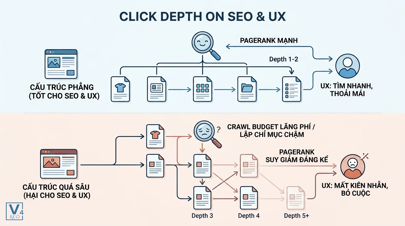 anh-huong-click-depth-seo-ux So sánh tác động của cấu trúc web phẳng và cấu trúc quá sâu đến click depth, PageRank và trải nghiệm người dùng.
