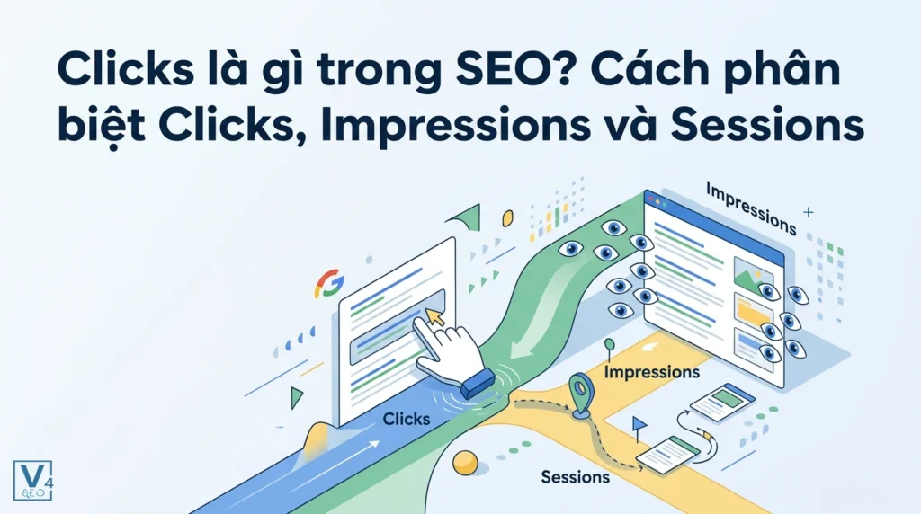 Mô hình trực quan hóa sự khác biệt giữa clicks, impressions và sessions trong đo lường hiệu quả SEO.