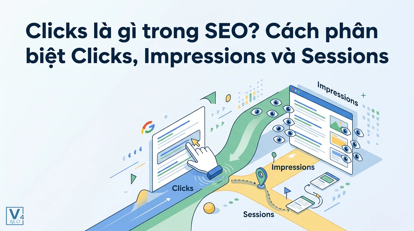 Mô hình trực quan hóa sự khác biệt giữa clicks, impressions và sessions trong đo lường hiệu quả SEO.