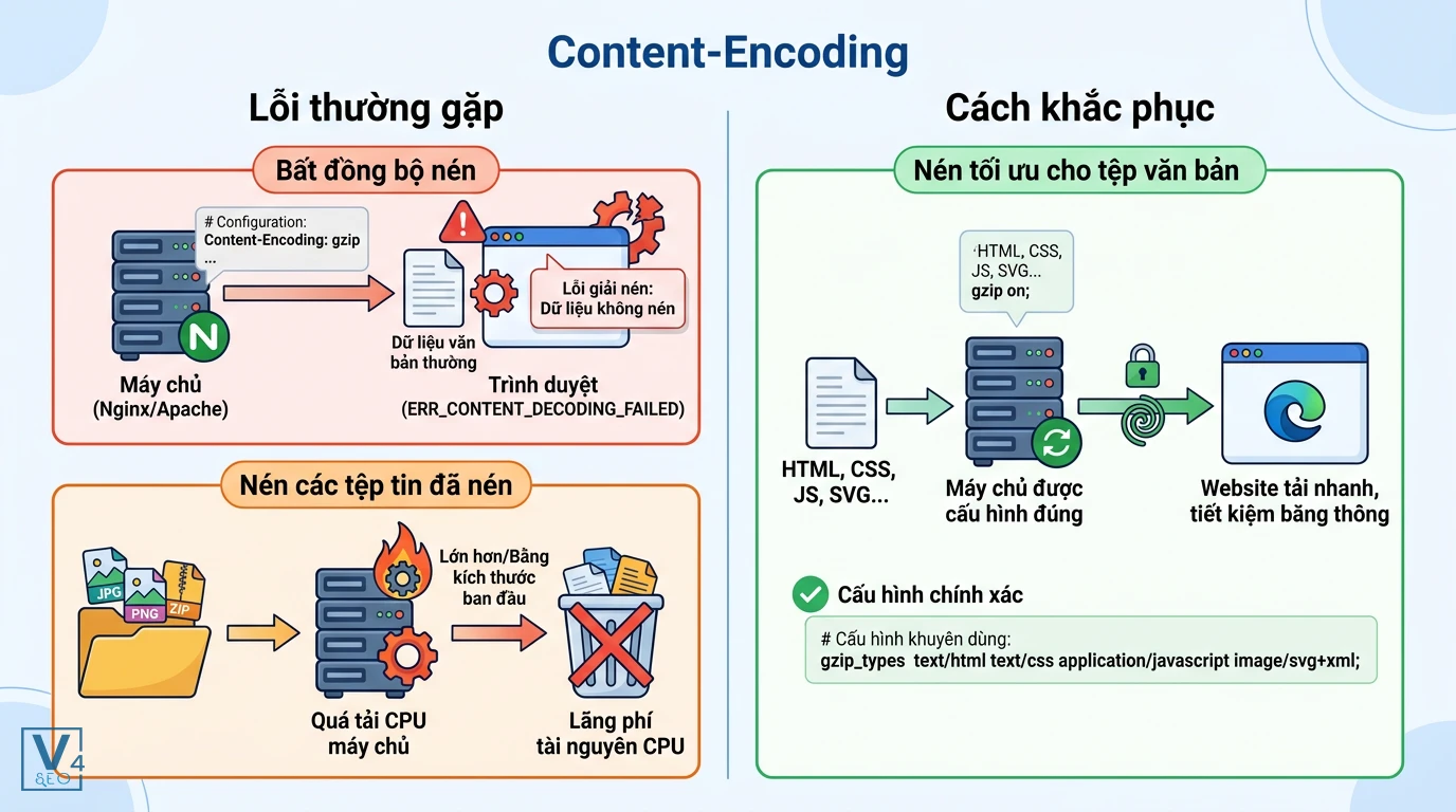 loi-va-cach-khac-phuc-content-encoding Sơ đồ so sánh lỗi Content-Encoding thường gặp như bất đồng bộ nén, nén tệp đã nén và giải pháp cấu hình tối ưu.