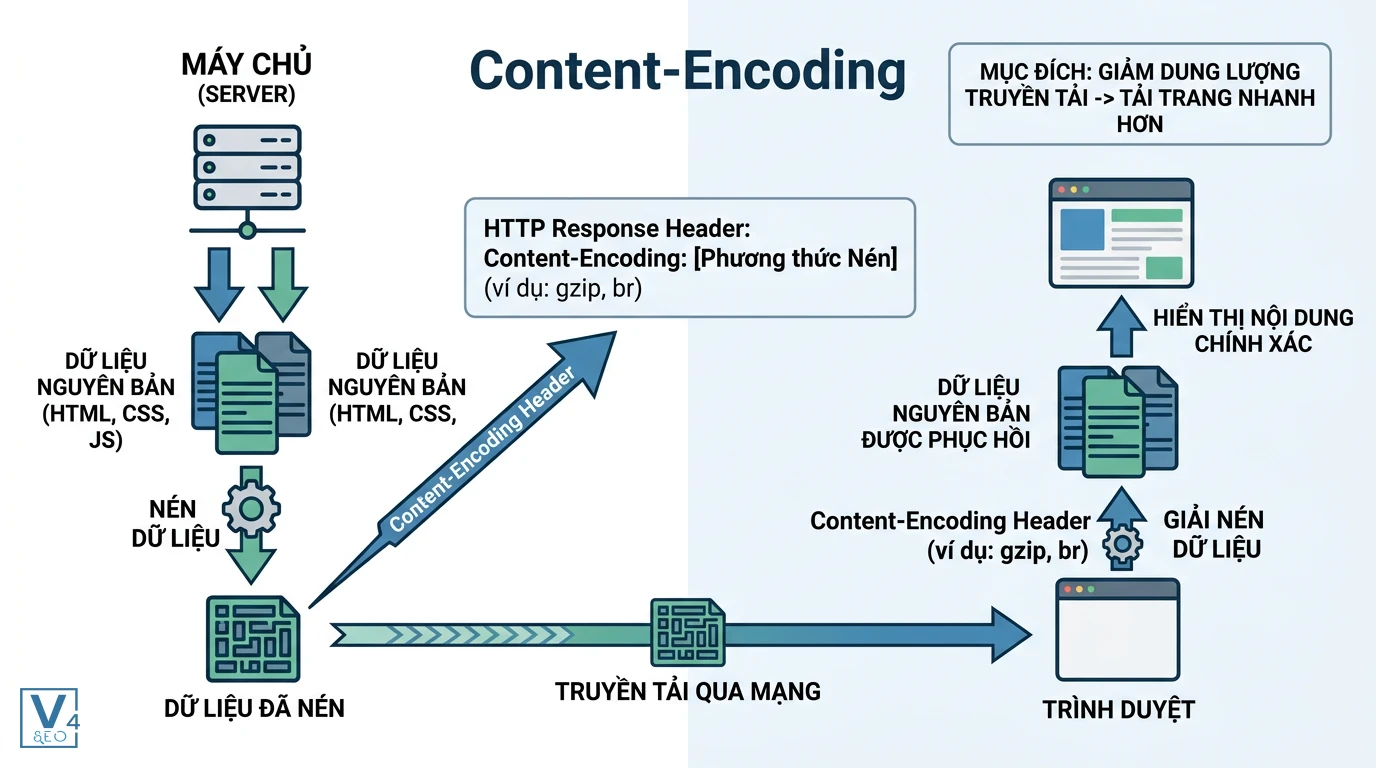 quy-trinh-hoat-dong-content-encoding Sơ đồ quy trình nén và giải nén dữ liệu web bằng Content-Encoding giữa máy chủ và trình duyệt.