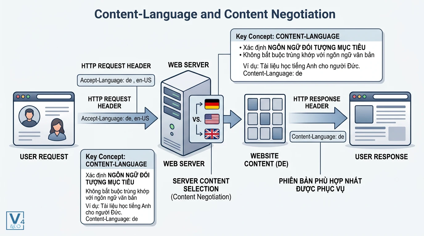 co-che-hoat-dong-content-language Sơ đồ cơ chế Content Negotiation giữa trình duyệt và máy chủ để xác định Content-Language phù hợp cho người dùng.
