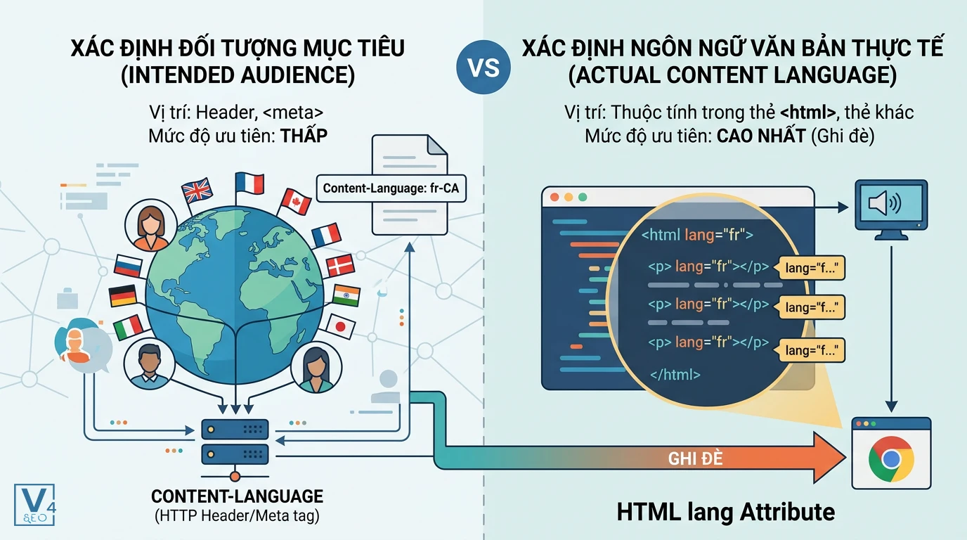 so-sanh-content-language-va-html-lang Bảng so sánh sự khác biệt giữa Content-Language xác định đối tượng mục tiêu và thuộc tính lang xác định ngôn ngữ hiển thị thực tế.