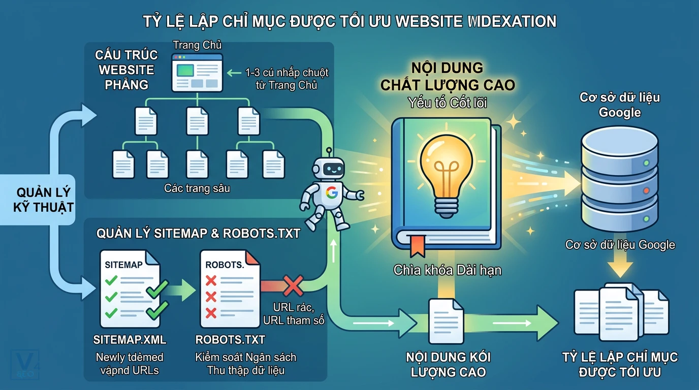 chien-luoc-toi-uu-ty-le-lap-chi-muc-website Mô hình tối ưu hóa tỷ lệ lập chỉ mục website qua cấu trúc phẳng, quản lý sitemap, robots.txt và nội dung chất lượng