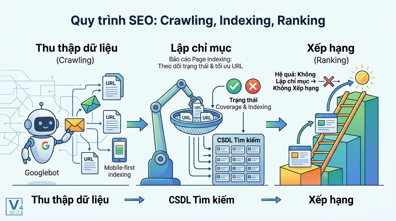 quy-trinh-crawling-indexing-ranking-seo Sơ đồ 3 bước crawling, indexing và ranking giải thích coverage/indexing là gì trong quy trình tìm kiếm của Google.