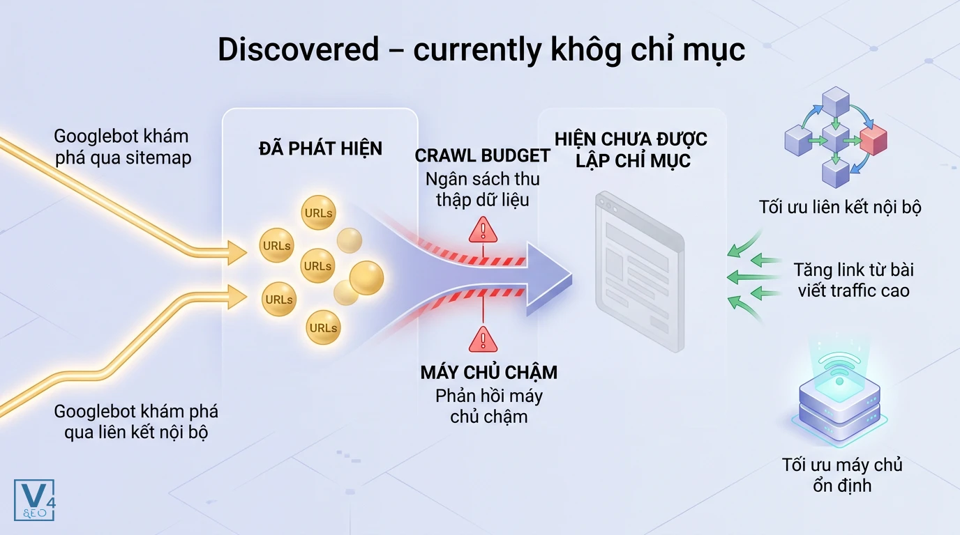nguyen-nhan-khac-phuc-loi-discovered-not-indexed Sơ đồ nguyên nhân lỗi Discovered currently not indexed do giới hạn crawl budget và cách tối ưu liên kết nội bộ.