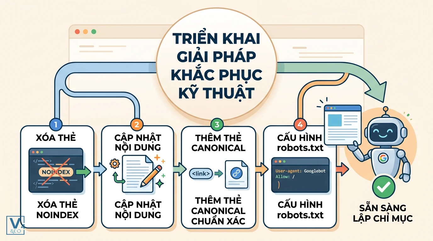 quy-trinh-khac-phuc-loi-ky-thuat-seo Sơ đồ 4 bước khắc phục lỗi kỹ thuật SEO giúp tối ưu hóa coverage indexing và sẵn sàng lập chỉ mục.