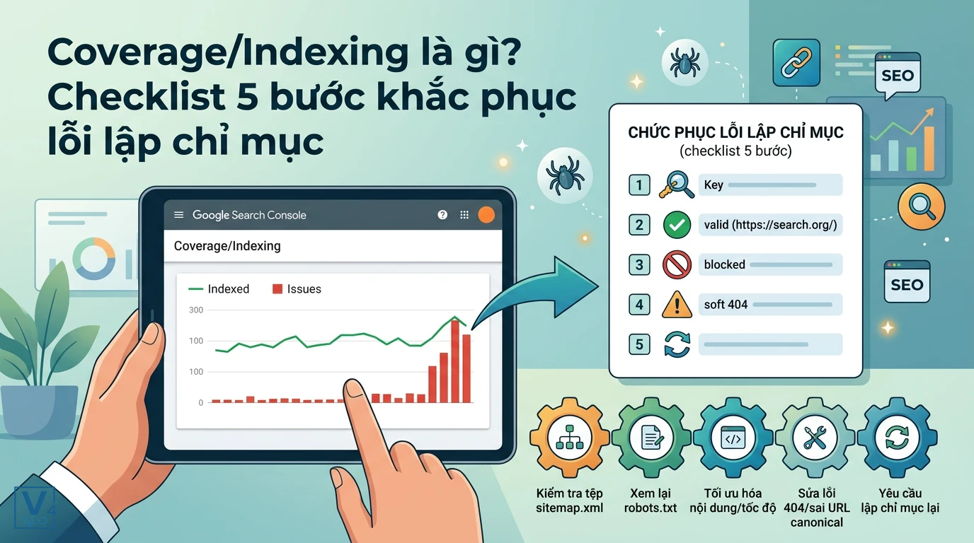 Khái niệm coverage/indexing là gì và quy trình 5 bước tối ưu hóa lỗi lập chỉ mục trên Google Search Console.