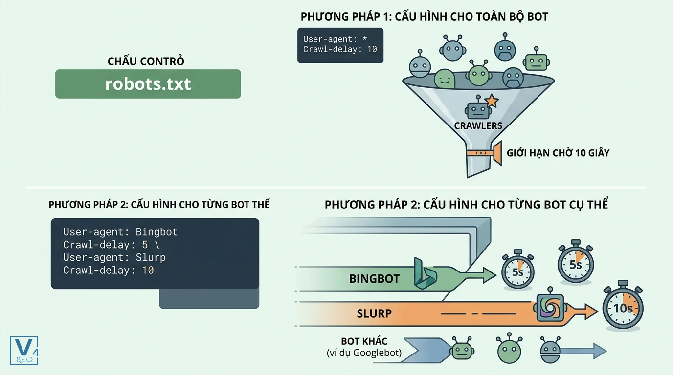 cau-hinh-crawl-delay-robots-txt Hai phương pháp cấu hình crawl-delay trong file robots.txt cho toàn bộ bot hoặc từng bot cụ thể như Bingbot và Slurp.
