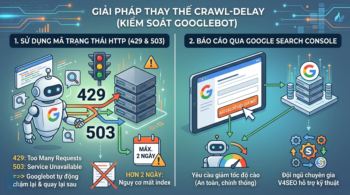 giai-phap-thay-the-crawl-delay-kiem-soat-googlebot Hai phương pháp thay thế crawl-delay để kiểm soát Googlebot gồm dùng mã HTTP 429, 503 và báo cáo qua Google Search Console.