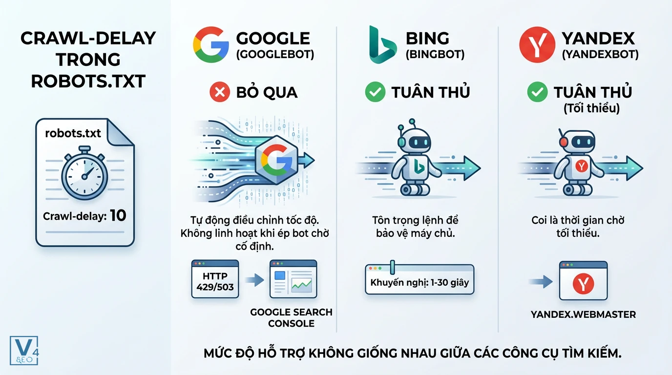 so-sanh-ho-tro-crawl-delay-cac-search-engine Bảng so sánh cách Googlebot, Bingbot và YandexBot xử lý chỉ thị crawl-delay trong file robots.txt.