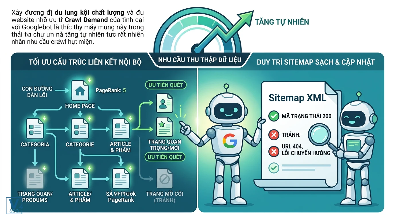 phuong-phap-tang-crawl-demand-tu-nhien Mô hình tối ưu liên kết nội bộ và sitemap XML sạch giúp tăng crawl demand tự nhiên cho website.