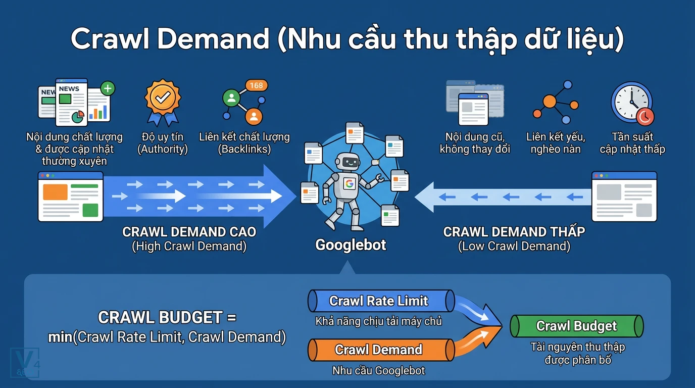 so-do-co-che-crawl-demand-googlebot Sơ đồ so sánh crawl demand cao và thấp ảnh hưởng đến tần suất Googlebot thu thập dữ liệu website.