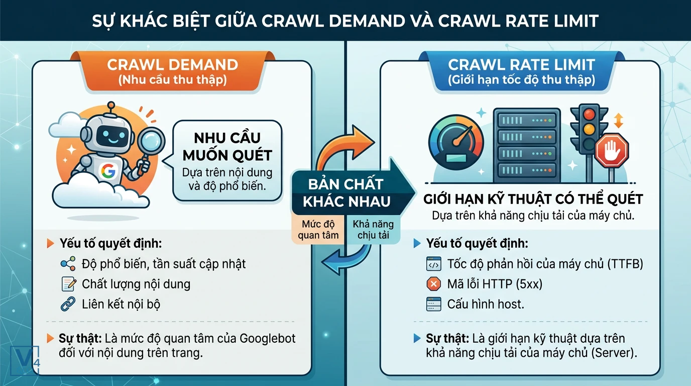 so-sanh-crawl-demand-va-crawl-rate-limit Bảng so sánh crawl demand là gì và crawl rate limit dựa trên nhu cầu quét và giới hạn kỹ thuật của máy chủ.