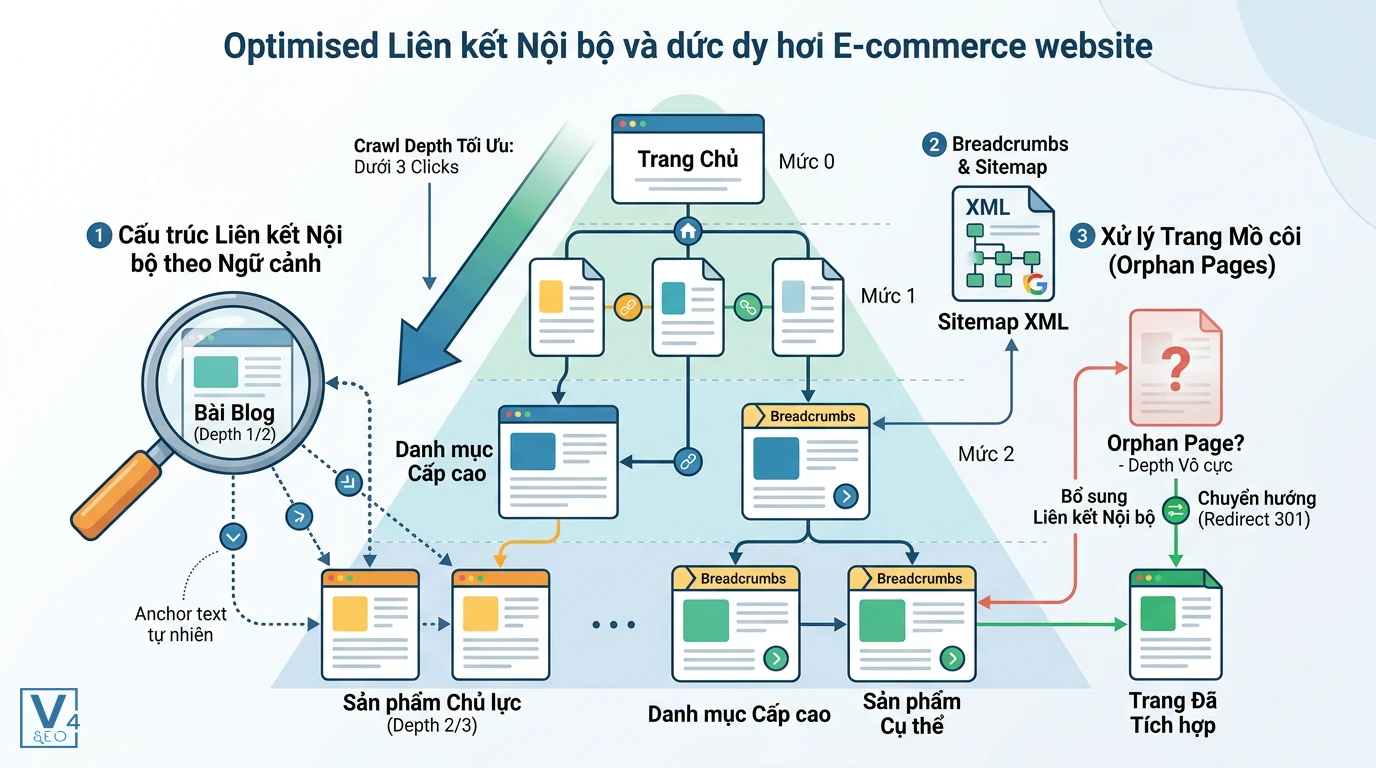 giai-phap-toi-uu-crawl-depth Mô hình tối ưu crawl depth cho website bằng liên kết nội bộ, breadcrumbs và xử lý trang mồ côi.