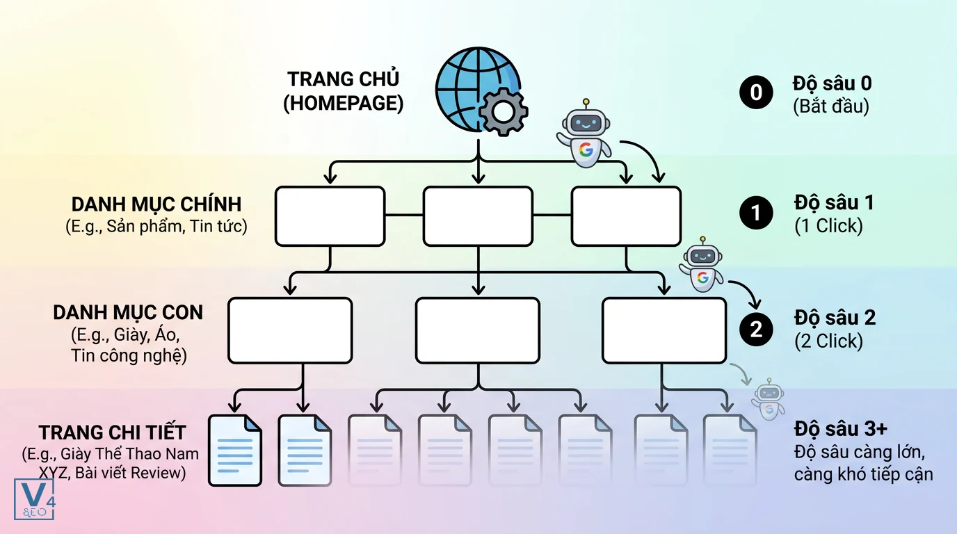 so-do-cau-truc-crawl-depth Sơ đồ phân cấp cấu trúc website minh họa crawl depth là gì qua số click chuột từ trang chủ đến trang chi tiết.