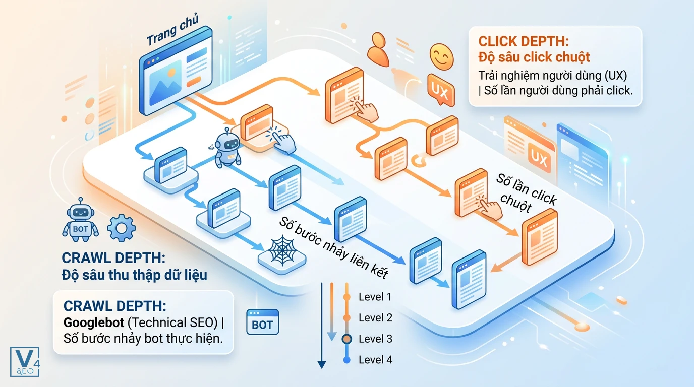 so-sanh-crawl-depth-va-click-depth Sơ đồ so sánh crawl depth là gì và click depth dựa trên hành trình của bot tìm kiếm và người dùng từ trang chủ.