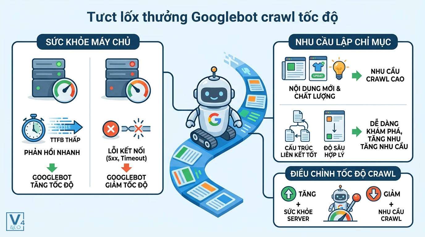yeu-to-anh-huong-crawl-rate-limit Sơ đồ các yếu tố ảnh hưởng đến crawl rate limit của Googlebot gồm sức khỏe máy chủ và nhu cầu lập chỉ mục.