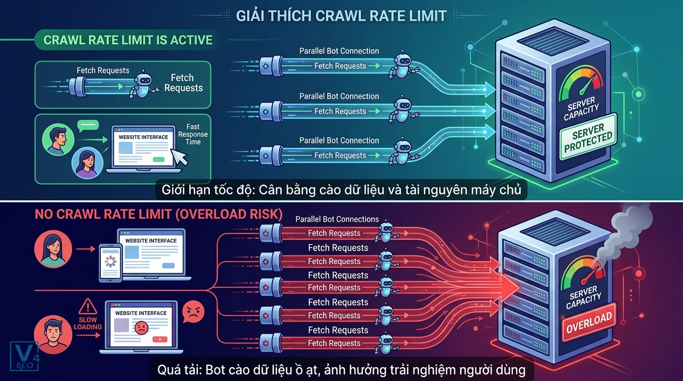 co-che-hoat-dong-crawl-rate-limit Sơ đồ so sánh khi có và không có crawl rate limit ảnh hưởng đến hiệu suất máy chủ và trải nghiệm người dùng.