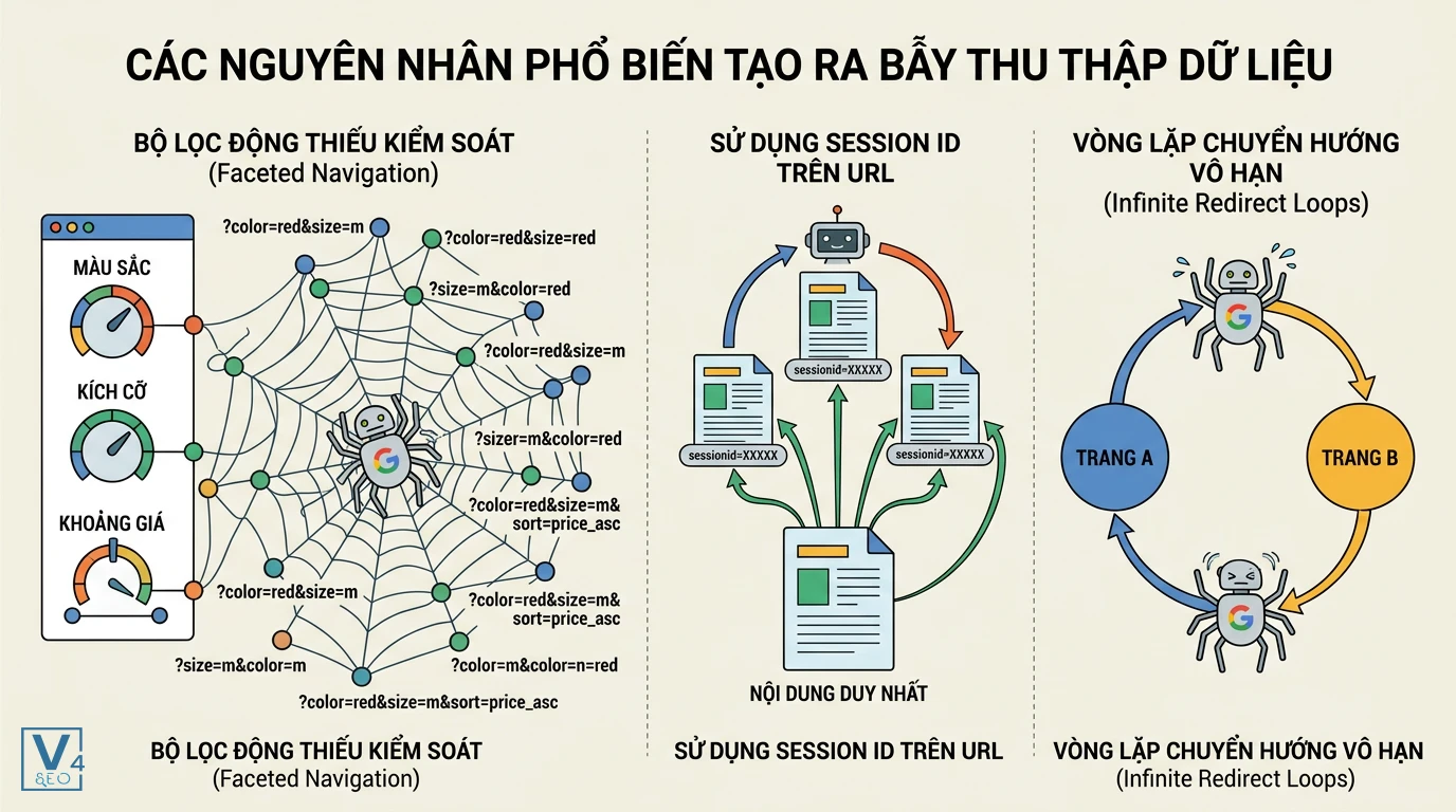 nguyen-nhan-tao-ra-crawl-trap Ba nguyên nhân kỹ thuật phổ biến tạo ra crawl trap gồm bộ lọc động, Session ID và vòng lặp chuyển hướng vô hạn.