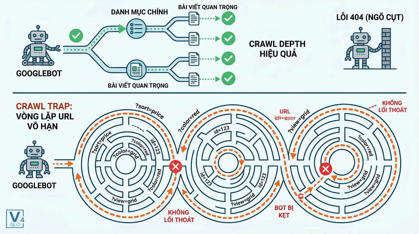 so-sanh-crawl-depth-va-crawl-trap Sơ đồ so sánh crawl depth hiệu quả với crawl trap là gì khi Googlebot bị kẹt trong vòng lặp URL vô hạn không lối thoát.