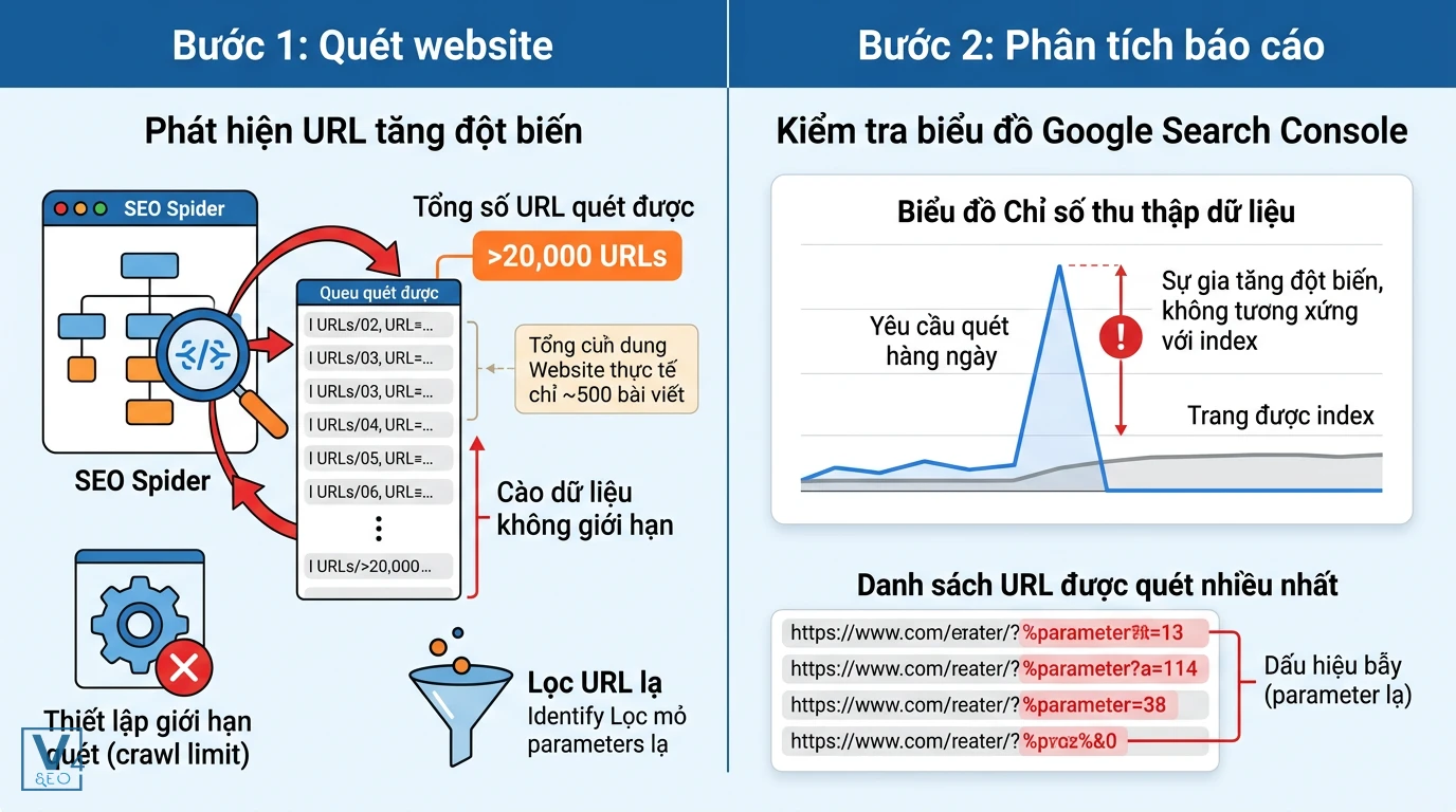 quy-trinh-phat-hien-crawl-trap Quy trình 2 bước phát hiện crawl trap bằng công cụ quét SEO Spider và phân tích biểu đồ Google Search Console.