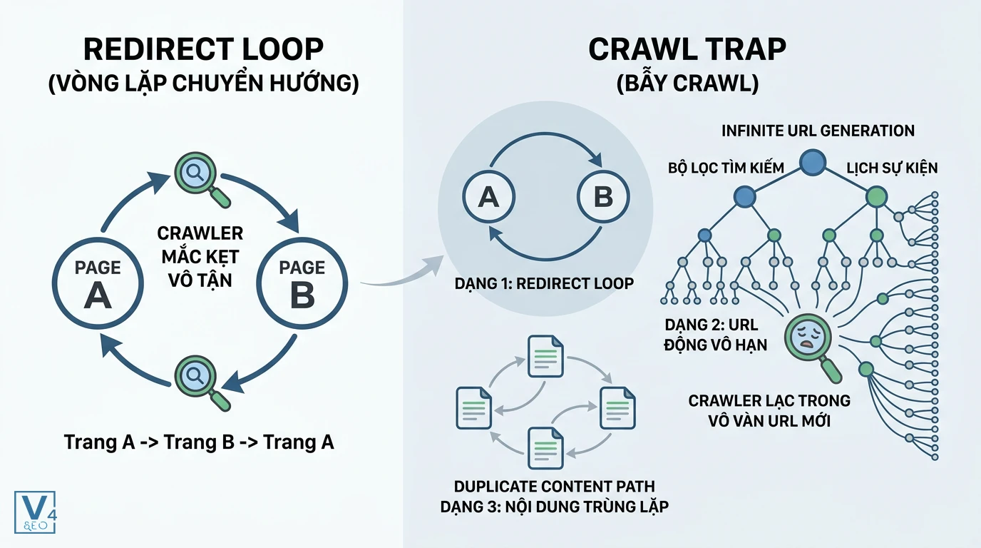 so-sanh-redirect-loop-va-crawl-trap Sơ đồ phân biệt redirect loop và crawl trap là gì qua cơ chế hoạt động của bot tìm kiếm