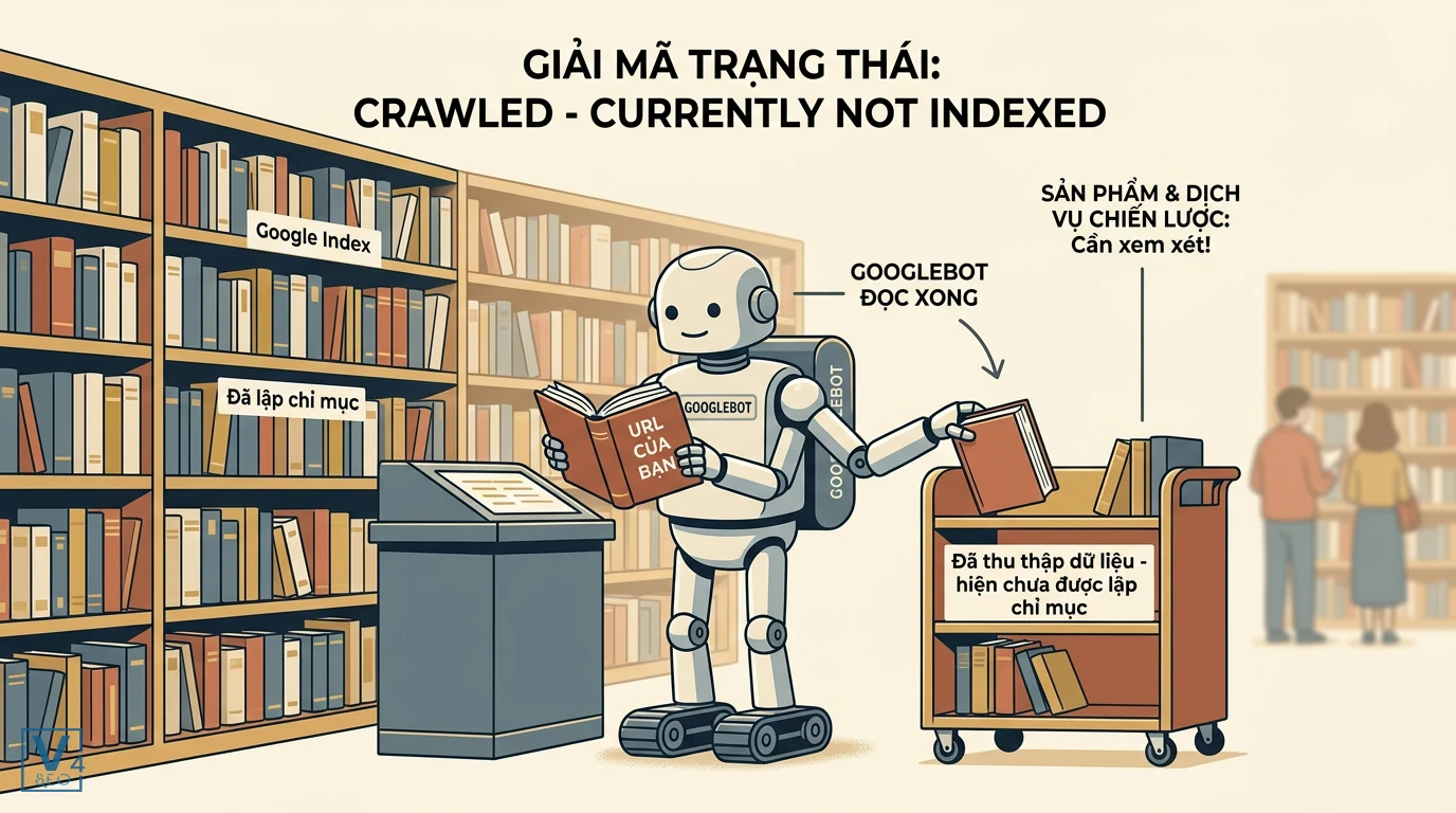 khai-niem-crawled-currently-not-indexed Minh họa khái niệm Crawled - currently not indexed qua hình ảnh robot thủ thư đã đọc sách nhưng chưa xếp lên kệ.