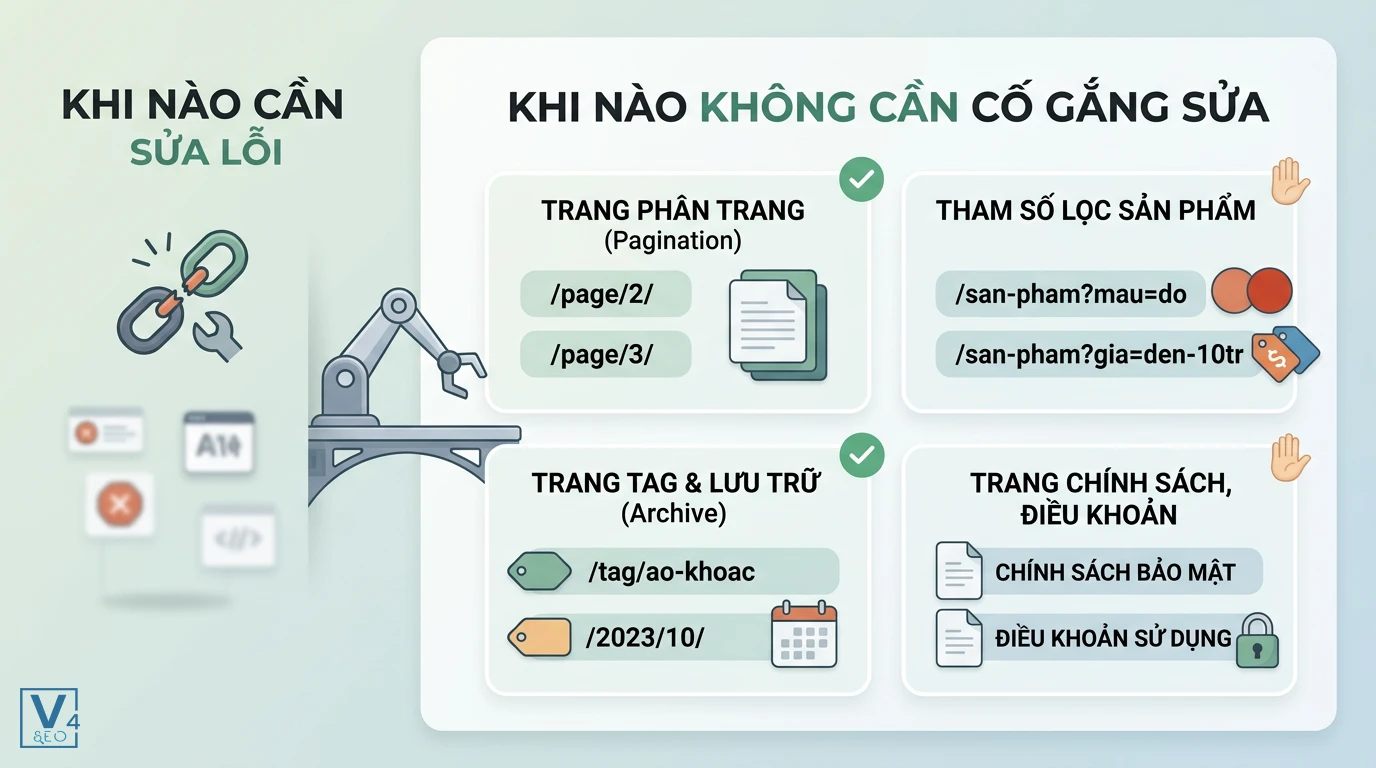 cac-truong-hop-khong-can-sua-loi-crawled-not-indexed Các loại URL không cần tối ưu khi gặp trạng thái Crawled currently not indexed bao gồm trang phân trang và bộ lọc.