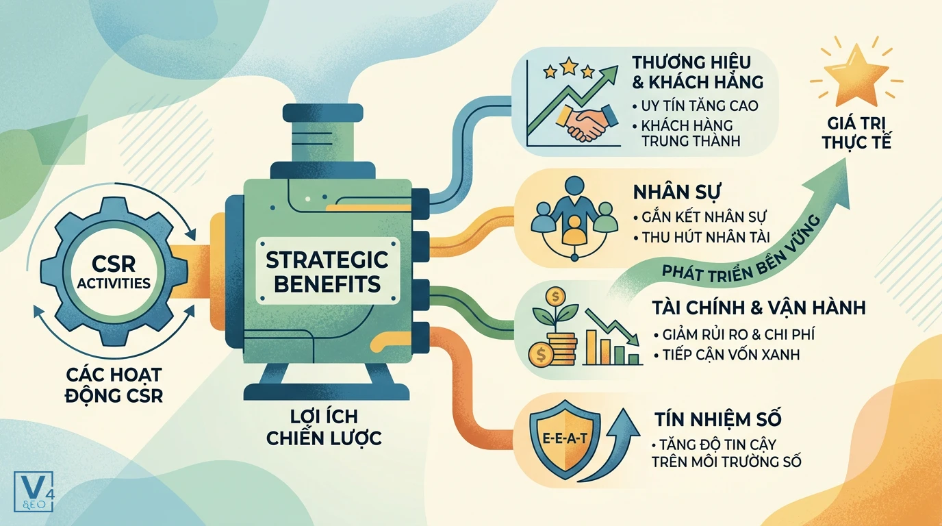 loi-ich-chien-luoc-cua-csr Sơ đồ chuyển hóa hoạt động CSR thành lợi ích chiến lược về thương hiệu, nhân sự, tài chính và tín nhiệm số cho doanh nghiệp.