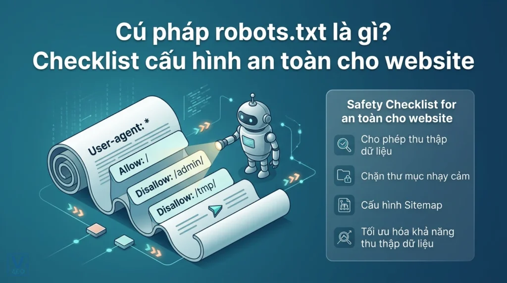 Minh họa cú pháp robots.txt cơ bản và checklist cấu hình an toàn giúp tối ưu hóa thu thập dữ liệu website.