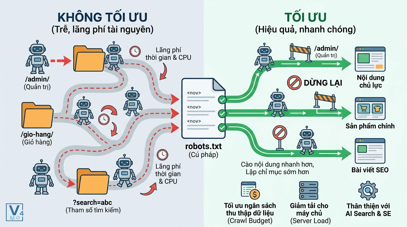 so-sanh-hieu-qua-toi-uu-robots-txt So sánh hiệu quả điều hướng bot tìm kiếm khi chưa tối ưu và sau khi áp dụng cú pháp robots.txt chuẩn xác.