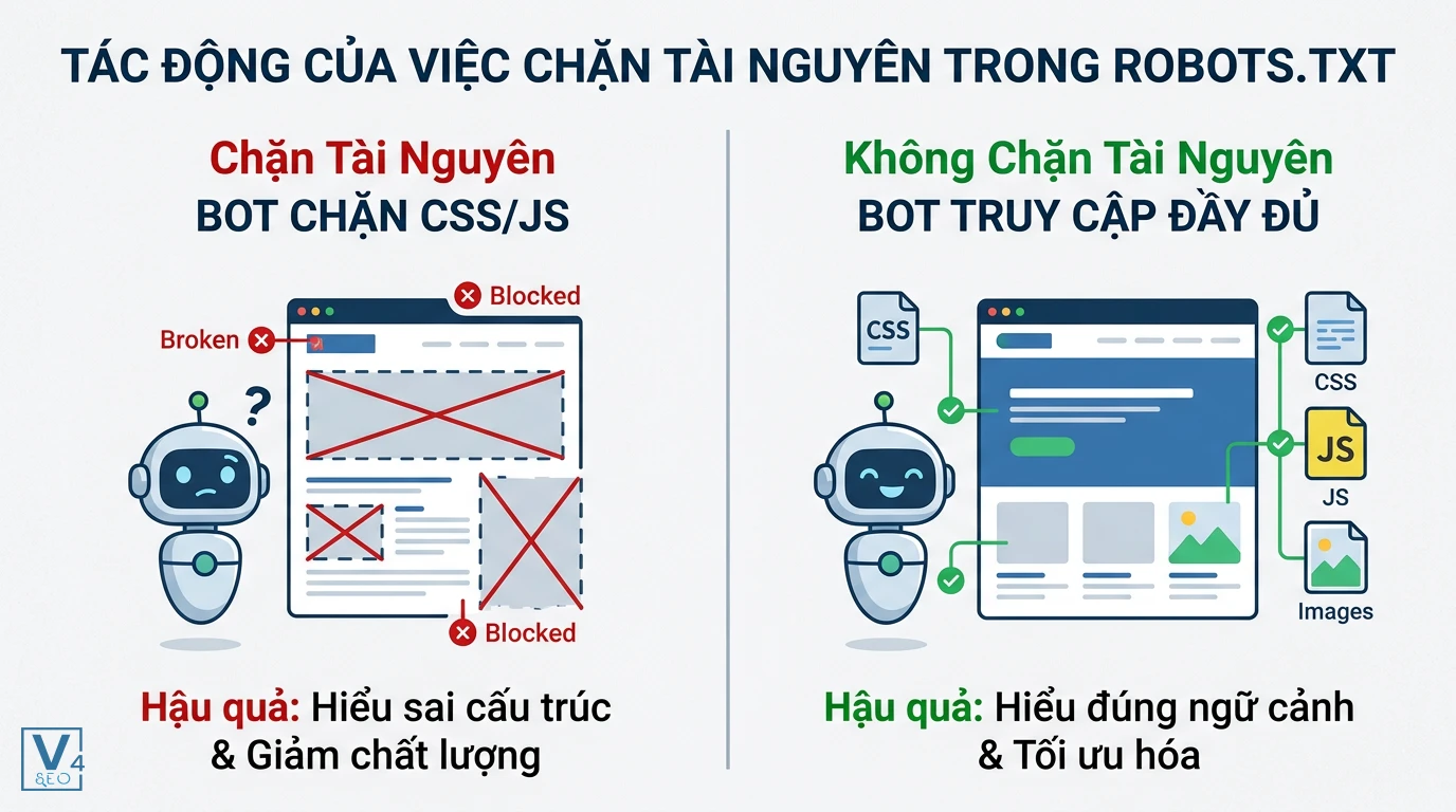 tac-dong-chan-tai-nguyen-robots-txt So sánh tác động khi chặn và không chặn CSS, JS trong cú pháp robots.txt đối với khả năng render trang của bot tìm kiếm.