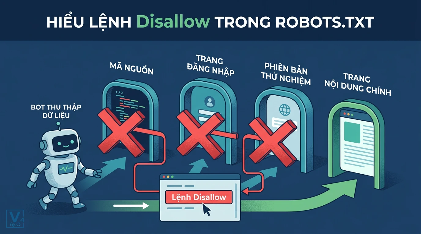 co-che-hoat-dong-lenh-disallow-robots-txt Cách lệnh Disallow ngăn bot tìm kiếm truy cập mã nguồn, trang đăng nhập và bản thử nghiệm trong cú pháp robots.txt.