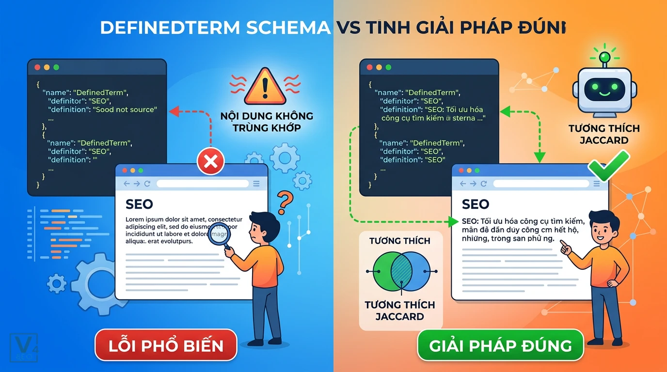 Đồng bộ DefinedTerm schema và nội dung hiển thị So sánh lỗi không khớp nội dung giữa DefinedTerm schema và giao diện web với giải pháp đồng bộ dữ liệu chuẩn Jaccard.