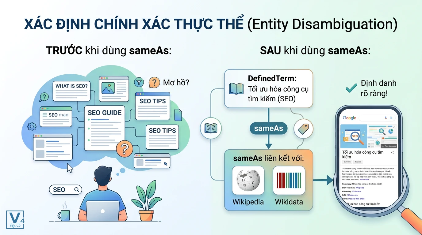 Định danh thực thể bằng thuộc tính sameAs So sánh hiệu quả định danh thực thể trước và sau khi dùng thuộc tính sameAs trong DefinedTerm schema.