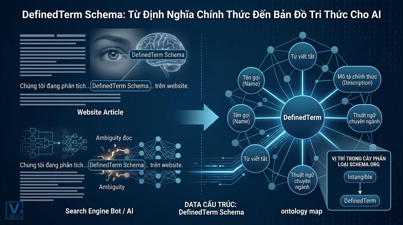 Bản đồ tri thức và cách hoạt động của DefinedTerm Schema Cách DefinedTerm Schema chuyển đổi văn bản thành bản đồ tri thức cấu trúc giúp AI hiểu rõ nghĩa thuật ngữ chuyên ngành.