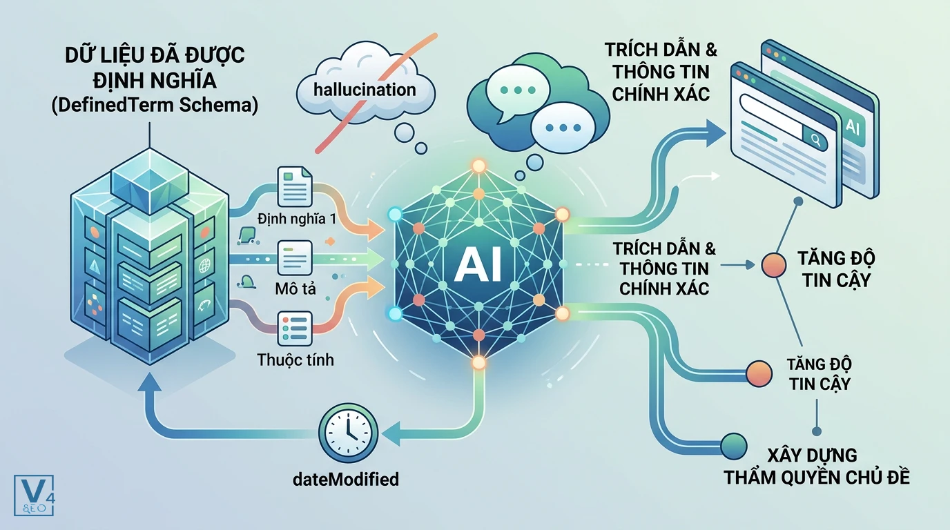 Vai trò của DefinedTerm Schema trong tối ưu hóa AI Cách DefinedTerm Schema cung cấp dữ liệu chuẩn xác cho AI giúp ngăn ngừa ảo giác và tăng cơ hội trích dẫn website.